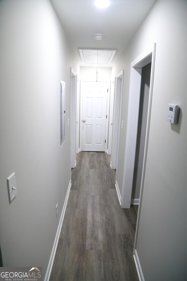 414 E 17th St SW, Rome, GA 30161 - corridor with attic access, dark wood-style floors, and baseboards