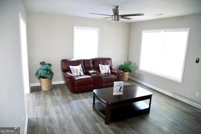 414 E 17th St SW, Rome, GA 30161 - living room with a ceiling fan, wood finished floors, and baseboards