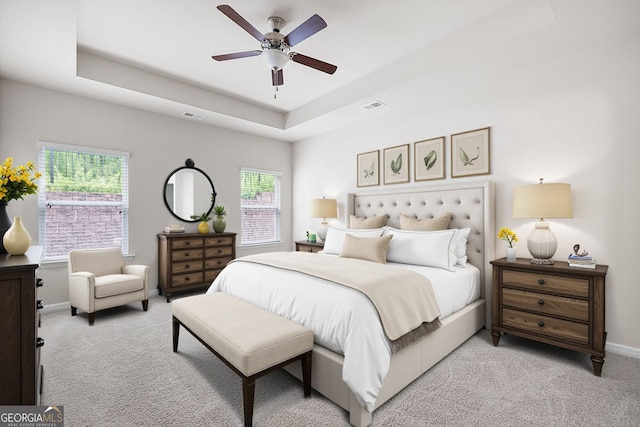 131 Prominence Ct, Canton, GA 30114 - bedroom featuring light carpet, a tray ceiling, baseboards, and a ceiling fan
