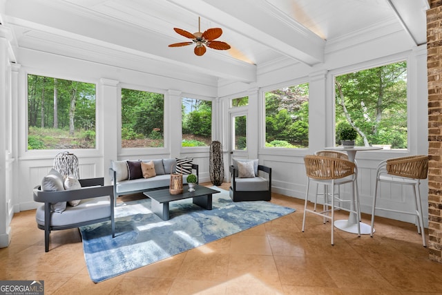 3905 Merriweather Woods, Johns Creek, GA 30022 - sunroom with healthy amount of natural light, beamed ceiling, a decorative wall, and tile patterned flooring