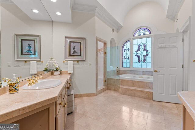 3905 Merriweather Woods, Johns Creek, GA 30022 - bathroom featuring vanity, a bath, a shower stall, tile patterned floors, and baseboards