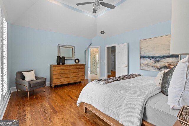 3905 Merriweather Woods, Johns Creek, GA 30022 - bedroom with wood finished floors, lofted ceiling, multiple windows, and a ceiling fan