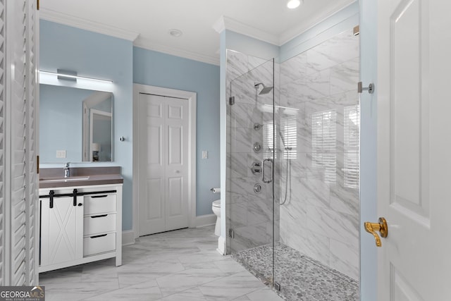 3905 Merriweather Woods, Johns Creek, GA 30022 - bathroom with a stall shower, vanity, toilet, ornamental molding, and marble finish floors