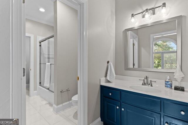 3905 Merriweather Woods, Johns Creek, GA 30022 - full bath with vanity, tile patterned floors, toilet, baseboards, and enclosed tub / shower combo