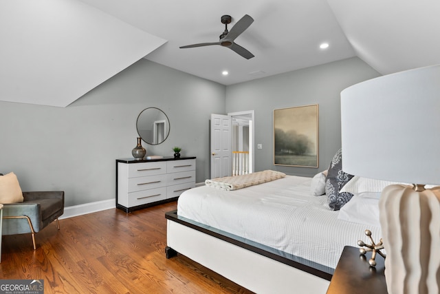 3905 Merriweather Woods, Johns Creek, GA 30022 - bedroom featuring lofted ceiling, dark wood-style flooring, recessed lighting, baseboards, and ceiling fan