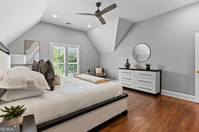3905 Merriweather Woods, Johns Creek, GA 30022 - bedroom featuring vaulted ceiling, dark wood-style floors, a ceiling fan, recessed lighting, and baseboards