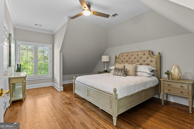 3905 Merriweather Woods, Johns Creek, GA 30022 - bedroom with wood finished floors, baseboards, lofted ceiling, ceiling fan, and ornamental molding