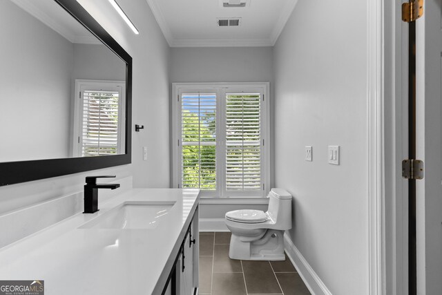 3905 Merriweather Woods, Johns Creek, GA 30022 - bathroom with vanity, toilet, tile patterned floors, baseboards, and crown molding