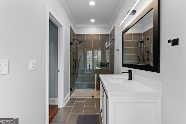 3905 Merriweather Woods, Johns Creek, GA 30022 - bathroom with vanity, a stall shower, crown molding, tile patterned floors, and recessed lighting