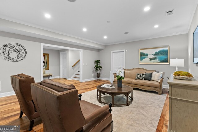 3905 Merriweather Woods, Johns Creek, GA 30022 - living area with stairs, baseboards, light wood-type flooring, crown molding, and recessed lighting