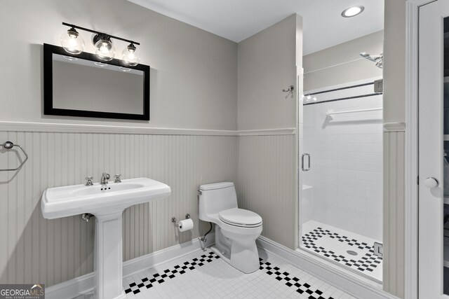 3905 Merriweather Woods, Johns Creek, GA 30022 - full bath with toilet, a stall shower, wainscoting, and tile patterned floors