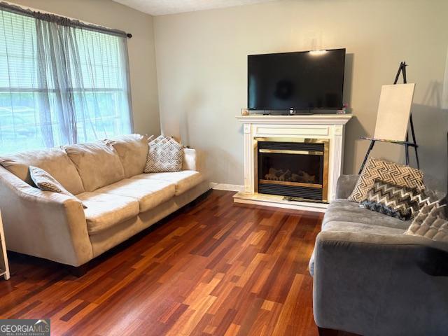 123 Hillview Dr, Thomaston, GA 30286 - living room featuring wood finished floors, a glass covered fireplace, and baseboards