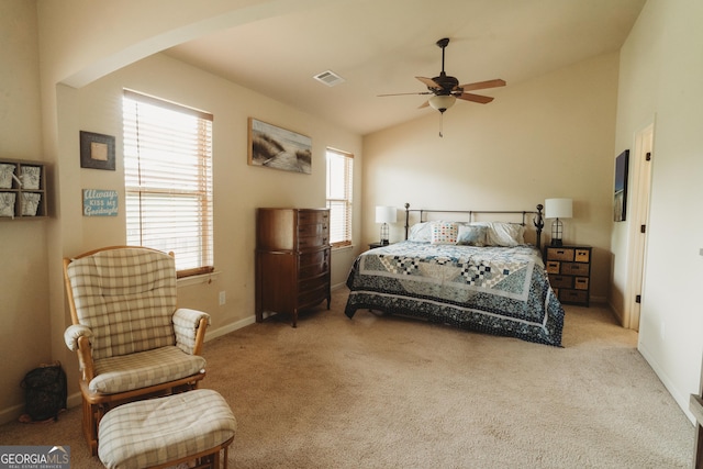 258 Creek View Ln, Acworth, GA 30102 - carpeted bedroom featuring lofted ceiling, arched walkways, baseboards, and ceiling fan