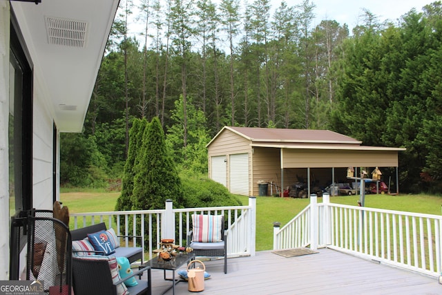 124 Wynn Rd, Mcdonough, GA 30252 - wooden deck with a lawn, an outdoor structure, and a view of trees