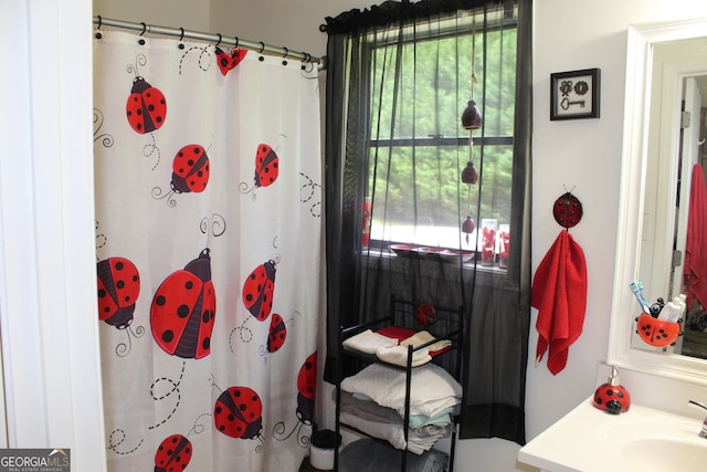 124 Wynn Rd, Mcdonough, GA 30252 - full bath with plenty of natural light, curtained shower, and vanity