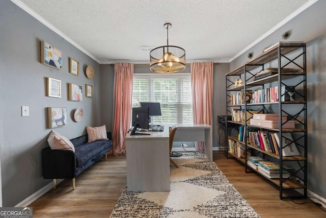 4305 Chesapeake Trce, Acworth, GA 30101 - office space with ornamental molding, a textured ceiling, a chandelier, and wood finished floors