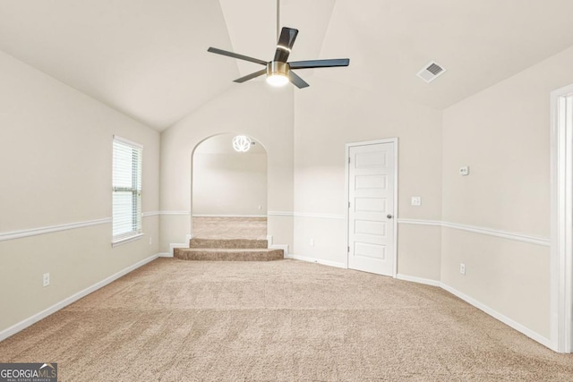 321 Shannon Ct, Mcdonough, GA 30252 - unfurnished room featuring carpet floors, ceiling fan, vaulted ceiling, and baseboards