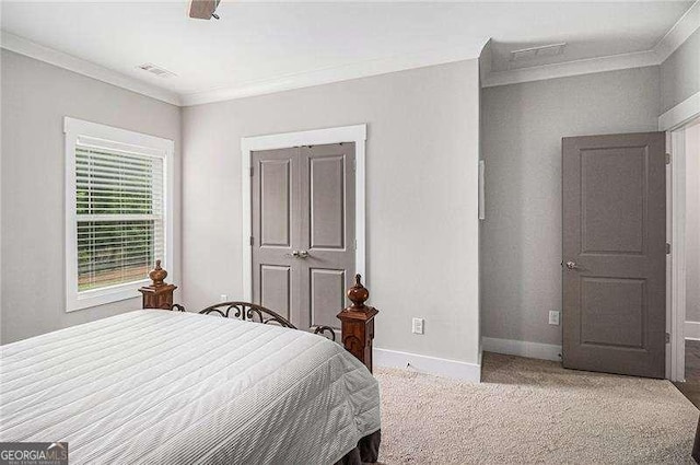 1660 Chandler Rd, Lawrenceville, GA 30045 - bedroom with carpet flooring, baseboards, ornamental molding, and a ceiling fan