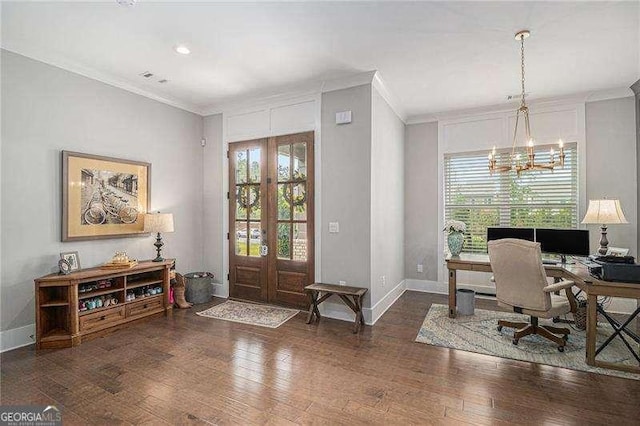 1660 Chandler Rd, Lawrenceville, GA 30045 - foyer with french doors, crown molding, a chandelier, baseboards, and wood finished floors