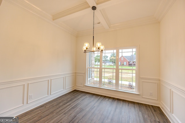 unfurnished room featuring coffered ceiling, a chandelier, beam ceiling, dark wood-type flooring, and a decorative wall