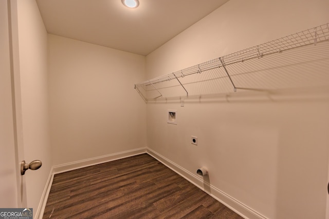 laundry room with washer hookup, baseboards, dark wood-style flooring, and electric dryer hookup