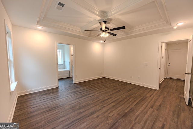spare room with dark wood-style flooring, coffered ceiling, crown molding, a ceiling fan, and recessed lighting