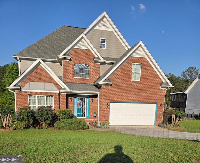 traditional home featuring brick siding, a garage, a front lawn, and roof with shingles