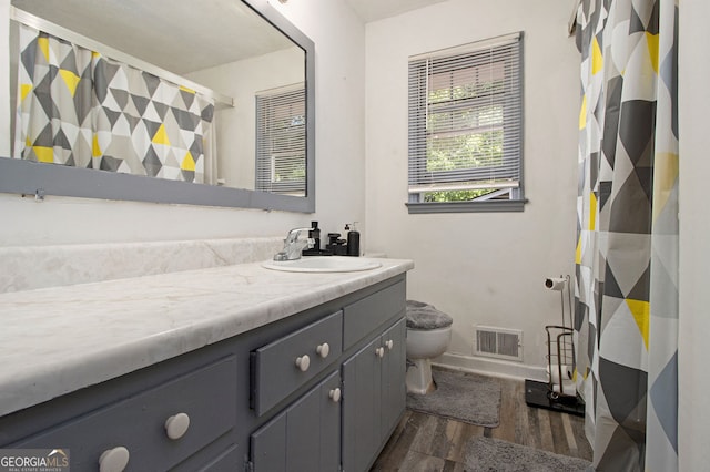 2950 Springfield Ct SW, College Park, GA 30349 - bathroom featuring wood finished floors, toilet, vanity, a shower with shower curtain, and baseboards