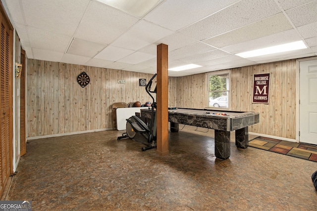 2950 Springfield Ct SW, College Park, GA 30349 - playroom with a drop ceiling, baseboards, pool table, and wooden walls