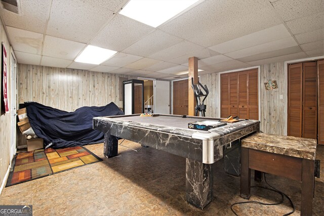2950 Springfield Ct SW, College Park, GA 30349 - recreation room featuring a drop ceiling, wood walls, pool table, and tile patterned floors