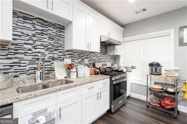 2221 Baker Carter Dr, Loganville, GA 30052 - kitchen with stainless steel gas range, under cabinet range hood, a sink, dark wood-style flooring, and tasteful backsplash