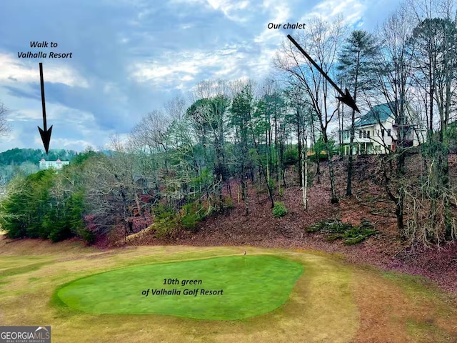 view of yard featuring golf course view and a putting area