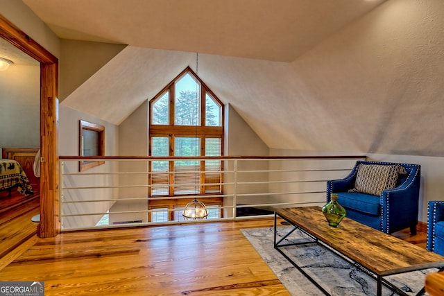 living area with hardwood / wood-style flooring and lofted ceiling