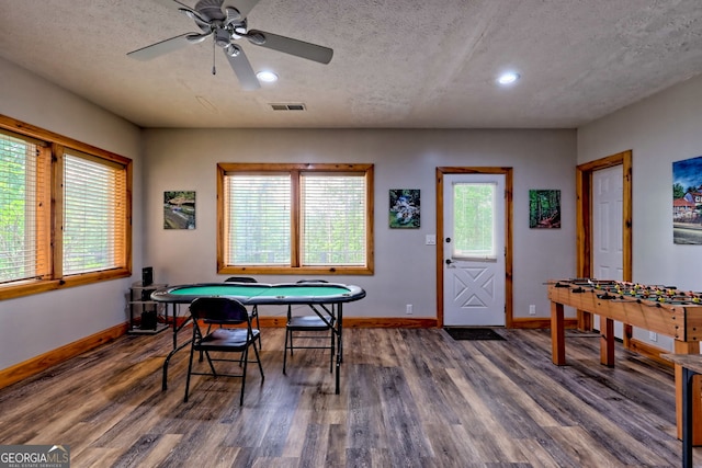 rec room with baseboards, wood finished floors, recessed lighting, and ceiling fan