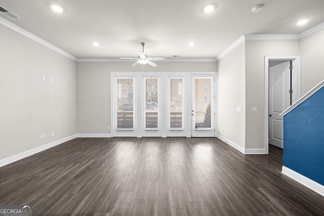 896 Farmstead Rd Unit 162, Suwanee, GA 30024 - unfurnished living room with ceiling fan, baseboards, ornamental molding, recessed lighting, and dark wood-style floors
