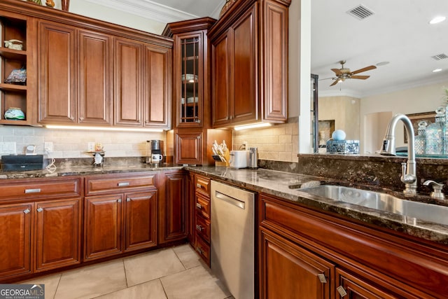 364 Osprey Cir, Saint Marys, GA 31558 - kitchen featuring stainless steel dishwasher, a sink, crown molding, ceiling fan, and dark stone countertops