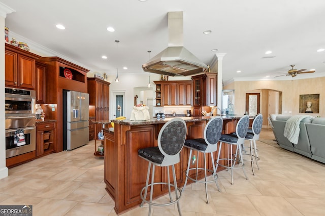 364 Osprey Cir, Saint Marys, GA 31558 - kitchen with open shelves, stainless steel fridge, island range hood, open floor plan, and a peninsula