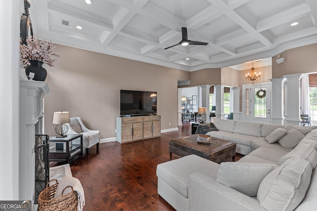 1610 Turtle Pond Dr, Hoschton, GA 30548 - living area featuring decorative columns, hardwood / wood-style floors, coffered ceiling, recessed lighting, and beam ceiling
