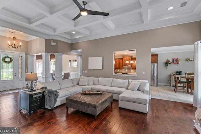 1610 Turtle Pond Dr, Hoschton, GA 30548 - living room featuring a chandelier, coffered ceiling, ornate columns, beam ceiling, and hardwood / wood-style flooring