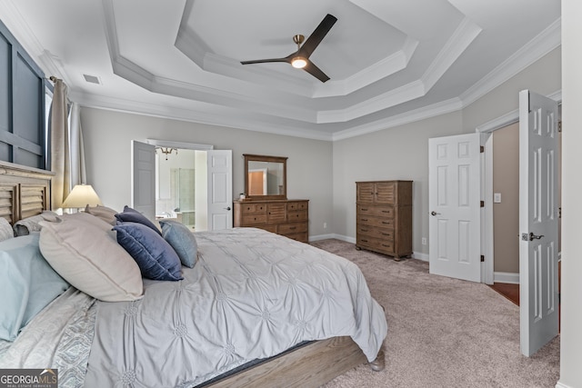 1610 Turtle Pond Dr, Hoschton, GA 30548 - carpeted bedroom with a raised ceiling, crown molding, ceiling fan, and connected bathroom