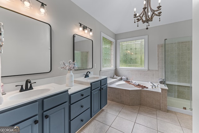 1610 Turtle Pond Dr, Hoschton, GA 30548 - full bathroom with a garden tub, double vanity, tile patterned flooring, a chandelier, and a tile shower
