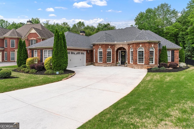 1610 Turtle Pond Dr, Hoschton, GA 30548 - view of front of house with brick siding, driveway, a garage, a front yard, and a shingled roof