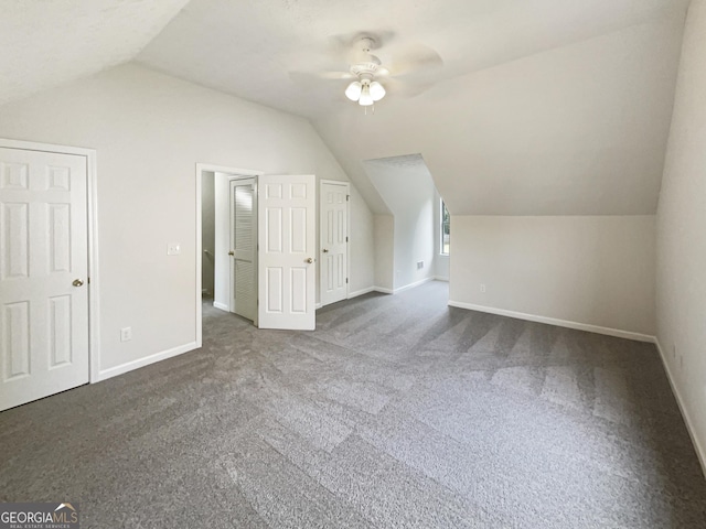 727 Overlook Crst, Monroe, GA 30655 - bonus room with lofted ceiling, ceiling fan, and dark carpet