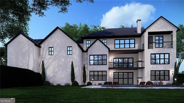 241 Traditions Dr, Alpharetta, GA 30004 - rear view of house with a balcony, a lawn, a patio area, and a chimney