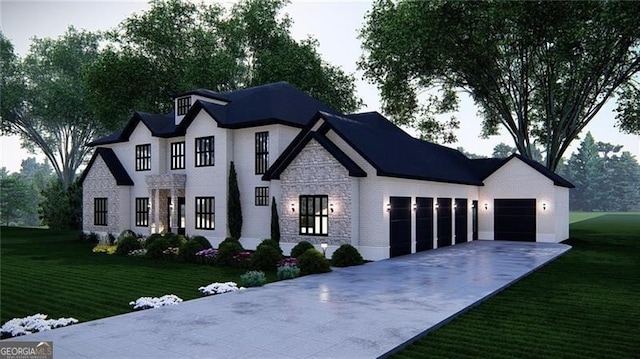 241 Traditions Dr, Alpharetta, GA 30004 - french provincial home with stone siding, concrete driveway, a garage, and a front lawn