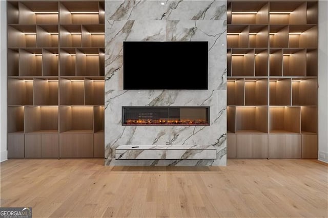 241 Traditions Dr, Alpharetta, GA 30004 - detailed view of wood finished floors, a premium fireplace, and built in shelves