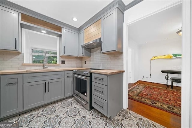 52 Chaumont Sq NW, Atlanta, GA 30327 - kitchen featuring gray cabinets, stainless steel electric range, a sink, and tasteful backsplash