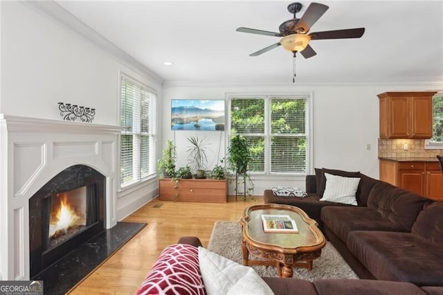 1029 Ector Dr NW, Kennesaw, GA 30152 - living room featuring crown molding, a high end fireplace, plenty of natural light, ceiling fan, and light wood-style floors