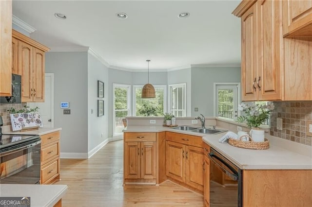 6610 Major Dr, Cumming, GA 30040 - kitchen with black appliances, a peninsula, a sink, plenty of natural light, and ornamental molding