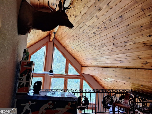 home office with vaulted ceiling and wood ceiling